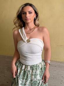 Jeta Ari Áo cánh nữ màu trơn lệch vai không tay ôm vừa vặn thường ngày đi nghỉ - trắng - Xem 4