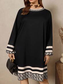 Zelara Sukienka w paski i geometryczny wzór w dużym rozmiarze, swobodna i do pracy