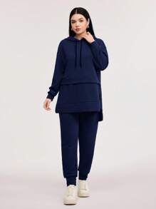 Veilorie Drop Shoulder High Low Hem Drawstring Hoodie & Joggers - Navy Blue - View 4