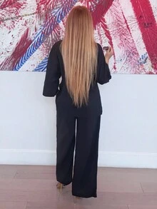 2 件套女士混合侧开叉宽松衬衫和高腰阔腿裤优雅商务休闲女士 - 藏蓝色 - 查看 2