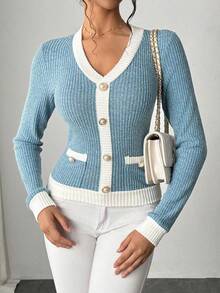 Selianne 新款拼接二合一V领修身长袖T恤，秋冬图案T恤女款春季上衣 - 彩色 - 查看 2