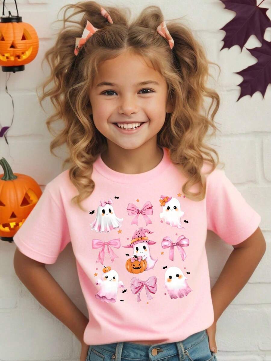SHEIN 1 件女童万圣节南瓜和鬼魂印花蝴蝶结装饰圆领短袖 T 恤，休闲可爱，适合女孩、派对和返校穿着 - 粉色 - 查看 1