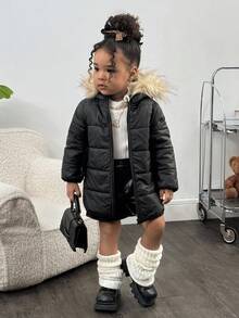 Chaqueta con capucha forrada térmicamente de color negro casual y versátil para bebés niñas, cálida para otoño/invierno - Negro - Ver 3