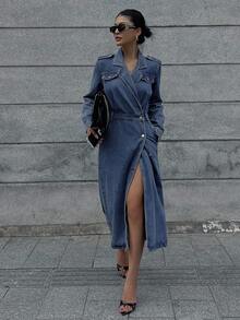 DAZY Đầm denim nữ cổ ve lật và có túi, đầm mùa thu. - Màu xanh lam - Xem 9