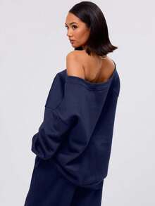 EURMUSE Loose Fit Asymmetrical Shoulder Sweatshirt Long Sleeve Tops - Navy Blue - View 3