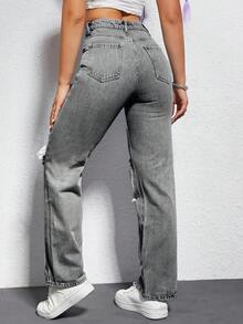 EURMUSE Blugi denim versatili, stil vară, stil distressed, cu talie medie pentru femei - Gri - Vizualizare 2