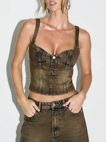 KIZN Vintage Style Denim Corset Top Bustier Strapless Sweetheart Neckline Brown Washed Wide Strap Tank Crop Festival Western Cottagecore Autumn Fashion - Khaki - View 1