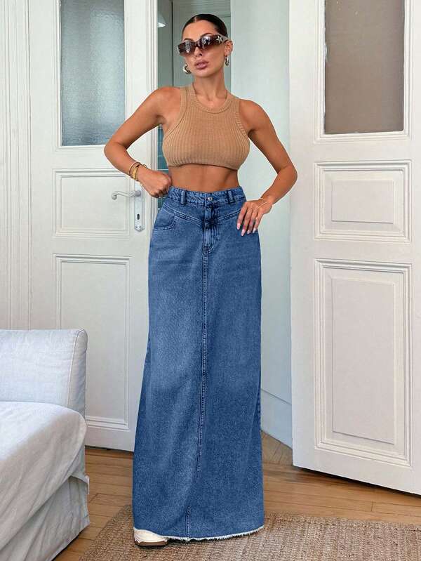 EURMUSE 100% Cotton Low Waist Denim Wide Hem Denim Skirt