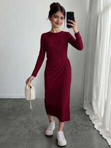 SHEIN Vestido de manga larga ajustado de longitud media con nudo retorcido de unicolor informal para niña preadolescente, adecuado para Halloween, Navidad, fiesta elegante, color vino tinto - Burdeos - Ver 7