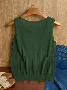 Linhara Plus Size Solid Color V-Neck Hollow Out Sleeveless Knit Top, Casual - Green - View 2