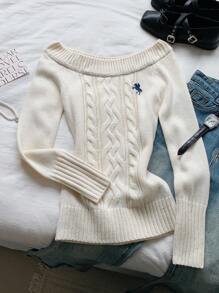 Comfortcana 女式休闲骑士图案露肩插肩长袖毛衣