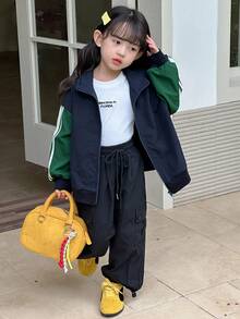 DAZY Young Girls Contrast Color Casual Street Style Long Sleeve Jacket - Army Green - View 5