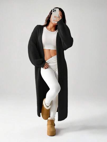 SHEIN PETITE Women's Warm Cardigan For Outings In Autumn And Winter Black Cardigan Women Long Black Cardigan Black Cover Up Chunky Knit Cardigan Maxi Cardigan Black Knit Cardigan Women Black Cardigan,Fall