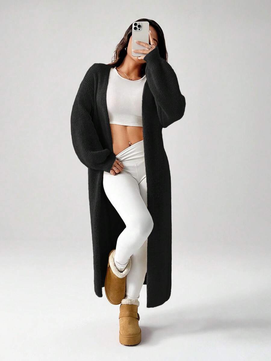SHEIN PETITE Women's Warm Cardigan For Outings In Autumn And Winter Black Cardigan Women Long Black Cardigan Black Cover Up Chunky Knit Cardigan Maxi Cardigan Black Knit Cardigan Women Black Cardigan,Fall - Black - View 1