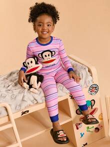 Paul Frank X SHEIN 2 件套少女条纹印花圆领长袖上衣和裤子休闲舒适睡衣套装 - 粉色 - 查看 7
