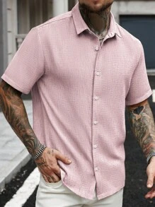 Manfinity CasualCool 白色仿亚麻领短袖衬衫亚麻男士衬衫男士衬衫纽扣玫瑰衬衫男士粉色亚麻衬衫男士杏色衬衫