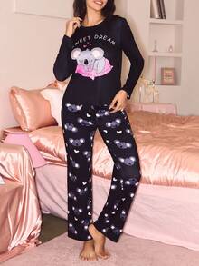 可爱考拉印花女士长袖上衣长裤睡衣套装，秋季甜梦睡衣套装，秋冬服装