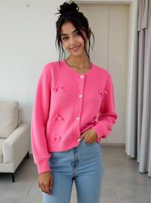 Tween Girls Cardigans Regular Style Girls Bowknot Cardigan, Suitable For Outdoor Wear In Autumn/Winter, Suitable For Home Scenes, Suitable For Children To Play And Wear Back To School, Pink Fall - Hot Pink - View 1