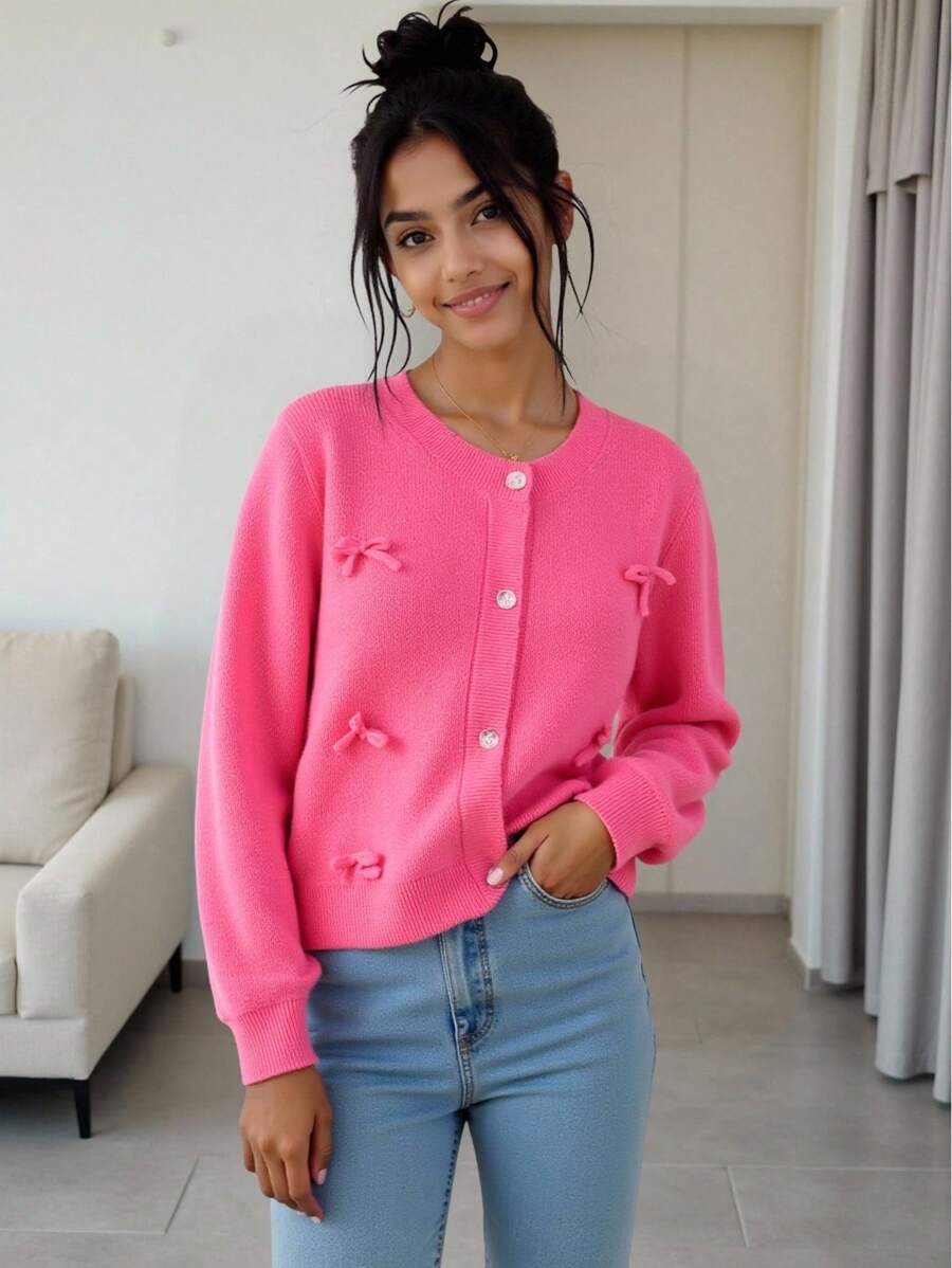Tween Girls Cardigans Regular Style Girls Bowknot Cardigan, Suitable For Outdoor Wear In Autumn/Winter, Suitable For Home Scenes, Suitable For Children To Play And Wear Back To School, Pink Fall - Hot Pink - View 1