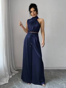 Firerie 2 件套女士优雅通勤多层领上衣和阔腿裤套装，教师制服，轻便舒适套装 - 藏蓝色 - 查看 4