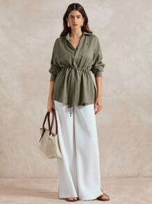 Briarwyn 女士休闲纯色抽绳长袖衬衫，适合日常穿着 - 軍綠色 - 查看 3