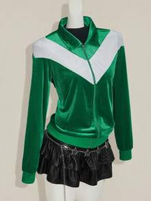 SHEIN ICON Women's Going Out Green Back To School Preppy Casual Colorblocked Patchwork Jacket, Spring/Autumn - Green - View 8