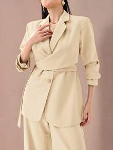 Heiryn Women's Elegant Solid Color Blazer And Pants Suit, Office Wear,Fall - Apricot - View 6