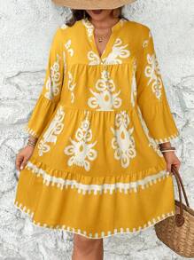 SHEIN VCAY Plus Size Vacation Flowers Babydoll Dress - Yellow - View 3