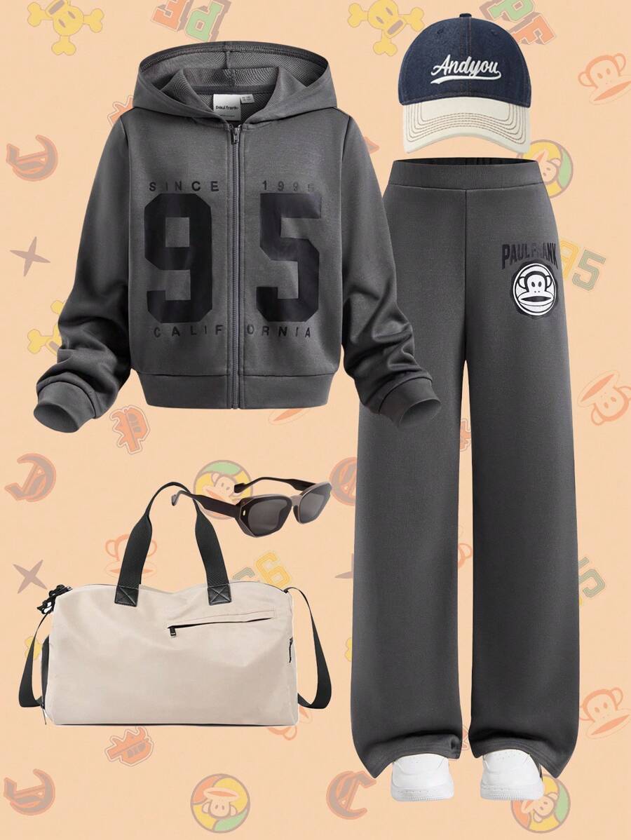 Paul Frank X SHEIN 2 piezas Conjunto de sudadera con capucha con cremallera y pantalón de chándal estampado numérico deportivo y casual para niña preadolescente, gris - Gris - Ver 1