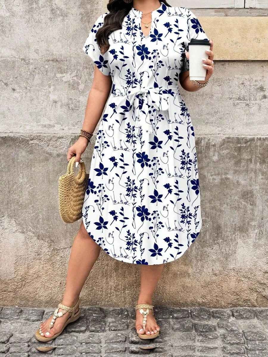 EMERY ROSE 大码女式花卉印花简约休闲度假连衣裙，适合夏季海滩