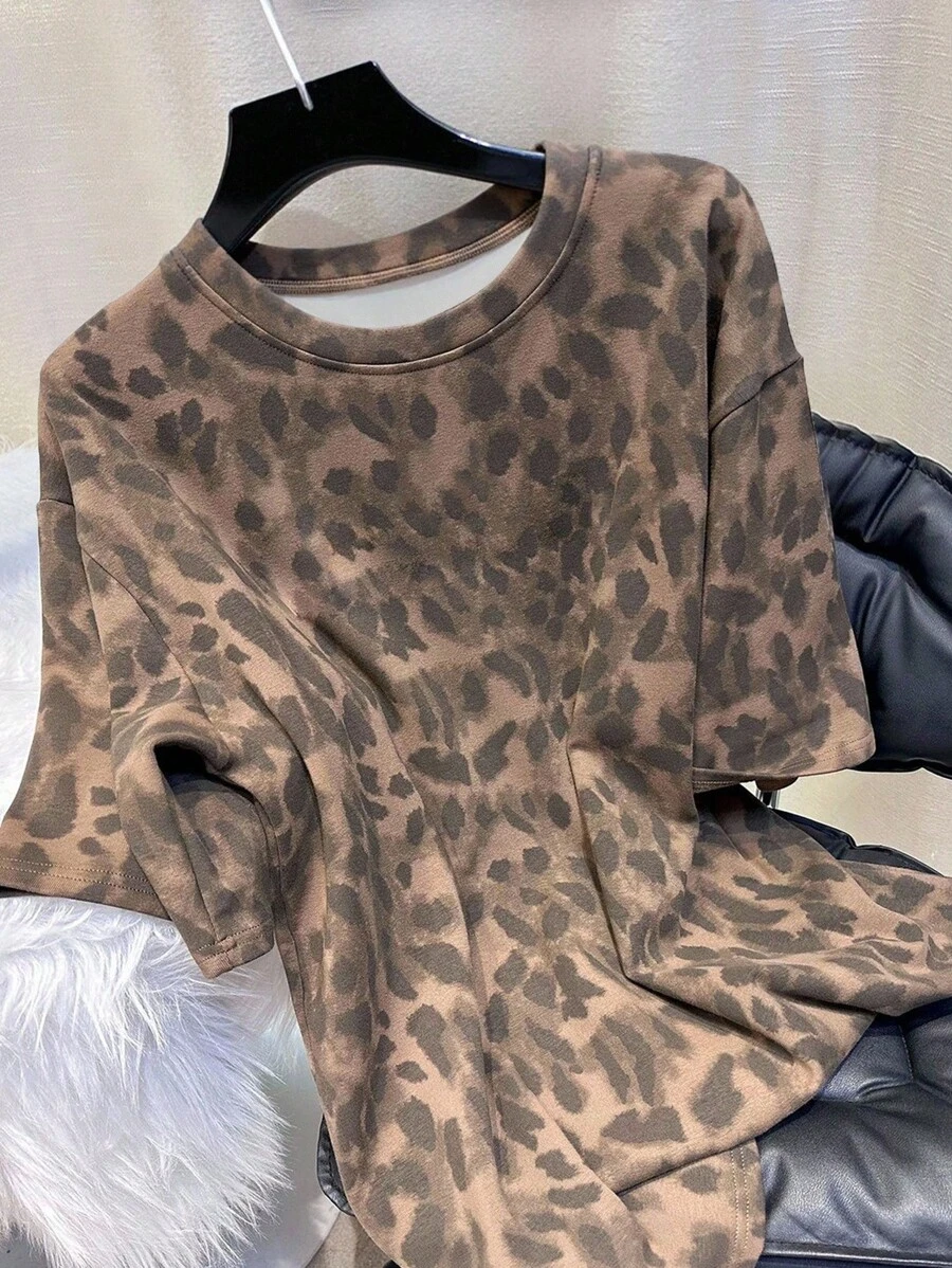 INAWLY 休闲复古豹纹宽松大码女式T恤 - 彩色 - 查看 1
