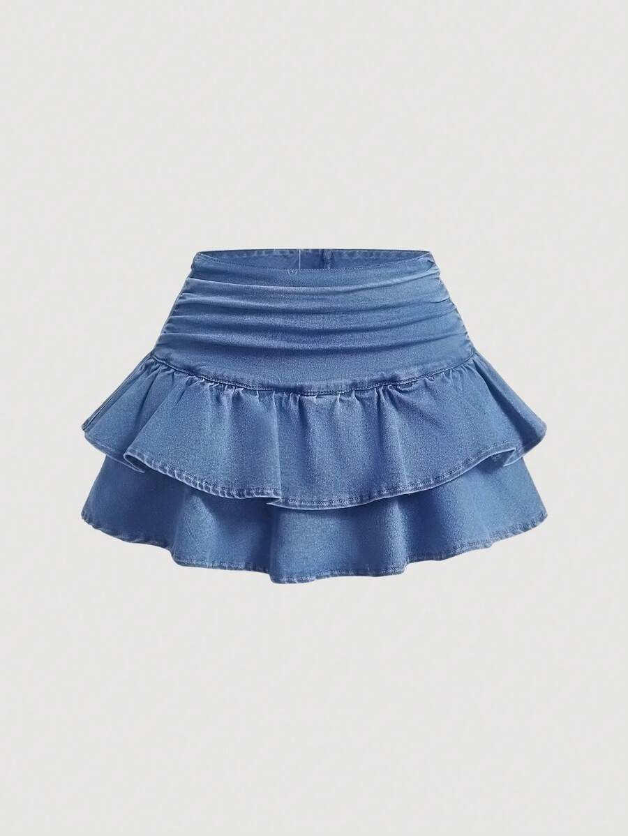 Sweetra Ruched Waist Ruffled Hem Mid-Waist Denim Skater Skirt - Medium Wash - View 1