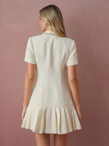 Enchnt 女士珍珠装饰领短袖纯色连衣裙 - 杏色 - 查看 7