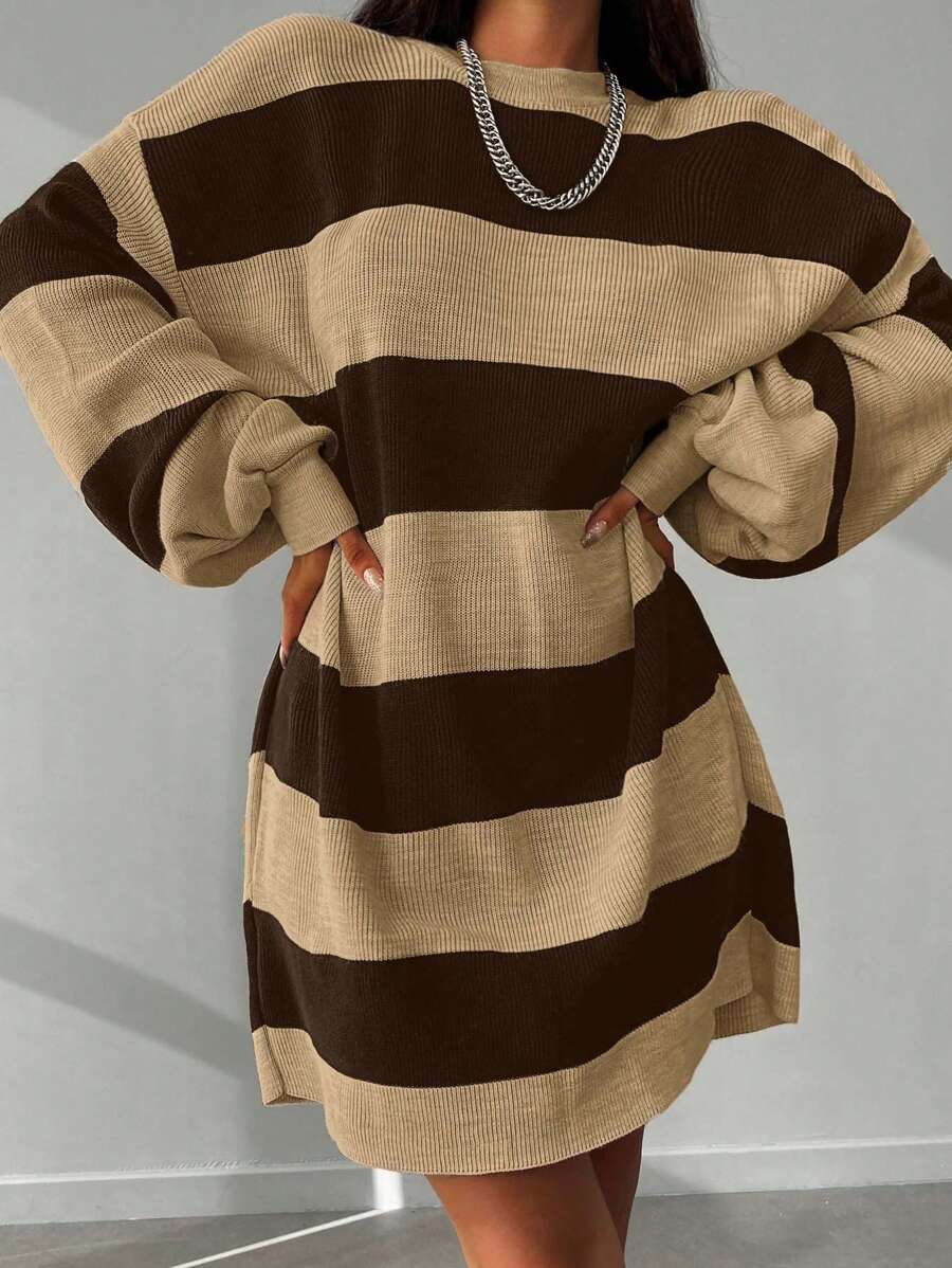 EURMUSE Women's Drop Shoulder Striped Sweater Dress - Chocolate Brown - View 1