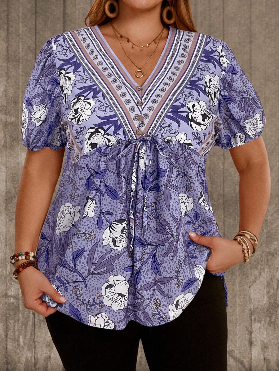 EMERY ROSE 加大码 V 领短袖花卉印花系带宽松休闲衬衫 - 紫色 - 查看 1