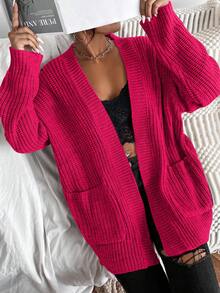 EURMUSE Cardigan casual in maglia a maniche lunghe con spalle scoperte e due tasche, di colore unito, da donna - Fucsia - Visualizzare 1
