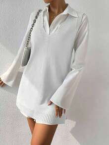 EURMUSE 女式纯色V领无袖针织休闲百搭毛衣裙 - 白色 - 查看 3