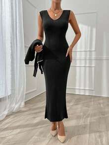 EURMUSE Mujer Suéter de cuello alto con detalles de rhinestone y hombros caídos + Vestido de suéter maxi de punto de cuello en V - Negro - Ver 4