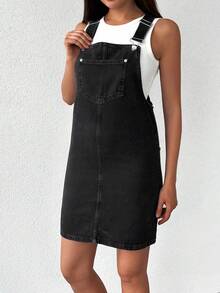 EURMUSE Women's Casual Loose Pocket Design Denim Pinafore Dress - Light Grey - View 3