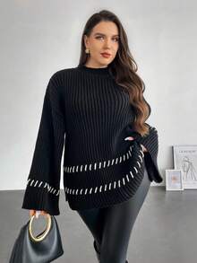 Firerie Plus Size Women's Casual Everyday Minimalist White Contrast Edge Side Slit Knit Pullover Sweater, Autumn/Winter Ribbed Sweaters Women Sweaters Plus Size Sweaters Sweaters With Bell Sleeves Embroidered Sweaters - Black - View 8
