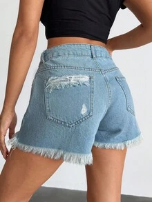 EURMUSE Low Waist Ripped Snow Wash Denim Short - Medium Wash - View 2