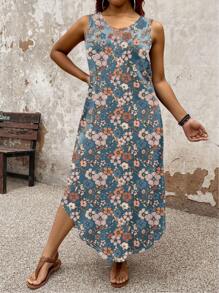 EMERY ROSE Plus Size Women Floral Print Side Slit Hem Casual Sleeveless Dress - Multicolor - View 5