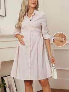 SHEIN Maternity Casual Commuter Striped Front Button Nursing Dress - Khaki - View 1