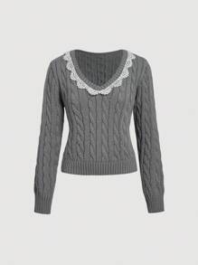 Skyraze Casual Versatile Lace Trim Gray Sweater Sweater For Women Cable Knit Sweater Lace Trim Sweater Tennis Sweater,Jumpers Pullover Back-To-School Clothing Casual Daily Wear,Tops,Brunch Women,Renaissance Fair,Concert Women, In Fall/Winter - Grey - View 3