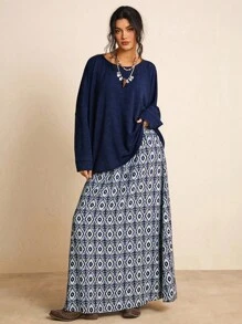 SHEIN LUNE Plus Size Women Holiday Casual Knit Top & Allover Print Skirt 2 Pieces Set Fall/Winter Clothes Chic - Navy Blue - View 8