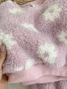 LMoss Kids LMoss Kinder 2 Stücke Set aus Strickpullover und Leggings für Babys mit Blumenmuster und Rundhalsausschnitt, Fleece-Set für Babys und Kleinkinder, Winterkleidung für Babys und Kleinkinder, Sherpa-Set mit Blumenmuster, zweiteiliges Set für Babys und Kleinkinder, warmes Set