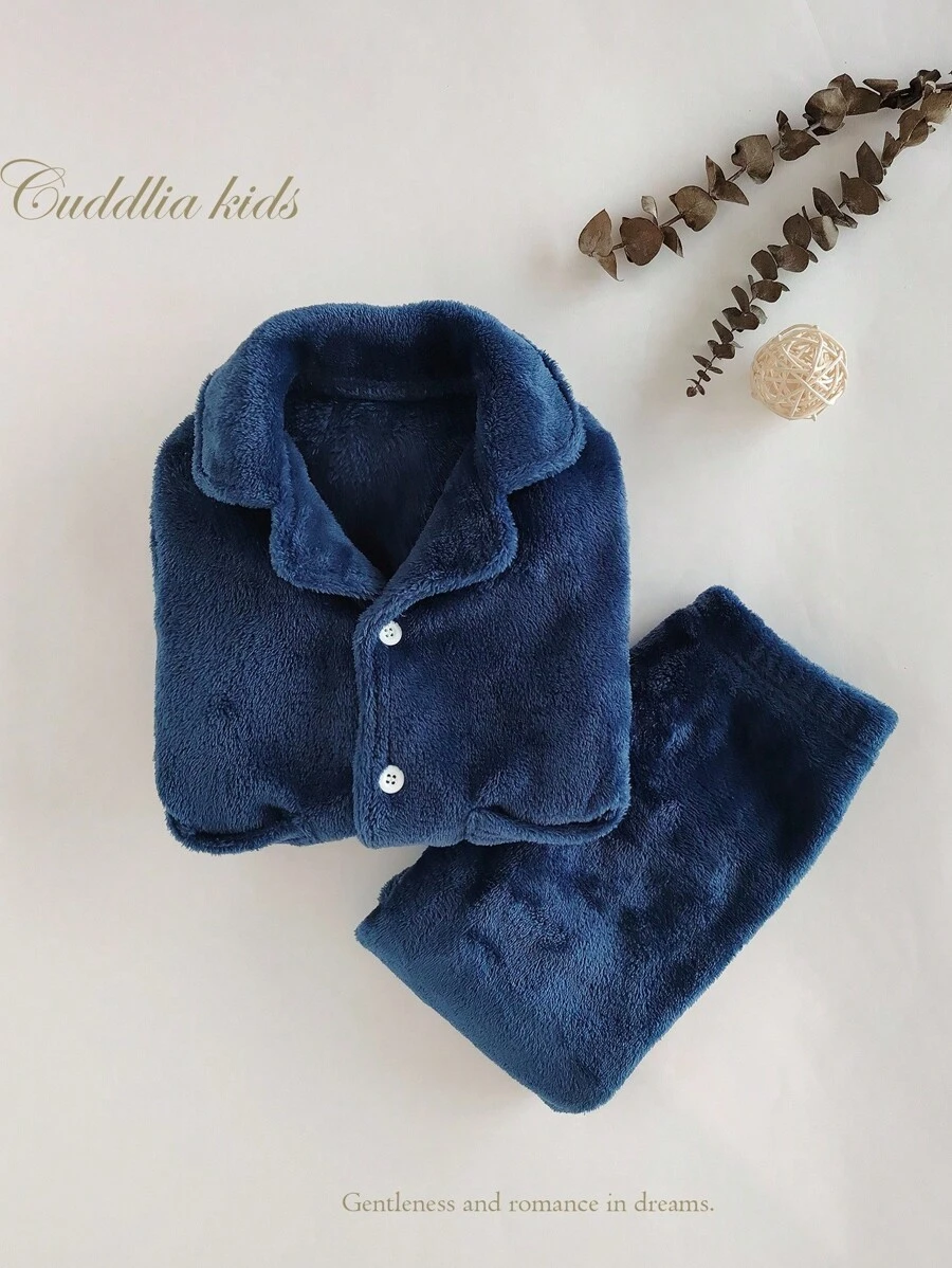 Bộ đồ ngủ nỉ 2 món cho bé trai, màu xanh hải quân trơn, áo khoác cardigan cổ bẻ tay dài và quần, đồ mặc nhà mùa thu/đông cho bé trai, bộ đồ ngủ cho bé trai, đồ ngủ màu xanh hải quân cho bé trai, đồ ngủ cho bé sơ sinh, đồ ngủ mùa thu cho bé trai. - Màu xanh lam - Xem 1