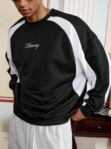 SWAVVY Men's Casual Long Sleeve Pullover Sweatshirt, Black & White Patchwork Graphic Print Crew Neck, For Fall Winter - Black and White - View 5