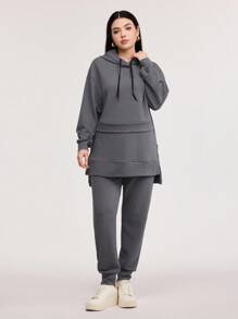 Veilorie Drop Shoulder Drawstring Hoodie & Sweatpants 2 Pieces Set - Dark Grey - View 3