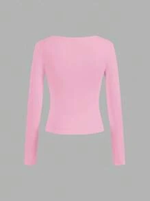 SHEIN Essnce Bộ 4 áo thun cổ tròn tay dài màu trơn đơn giản, thoải mái dành cho nữ, phù hợp cho mùa thu/đông - Nhiều màu - Xem 6